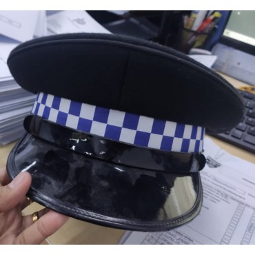 Peak Cap Black Polyster Cek-Cek Band Blue / White No Logo