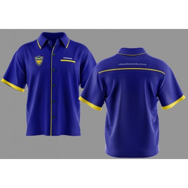 F1 Shirt S/S Viscose Blue / Yellow Front Logo Zafran Right Side / Back Website info@zafransecurity.com.my